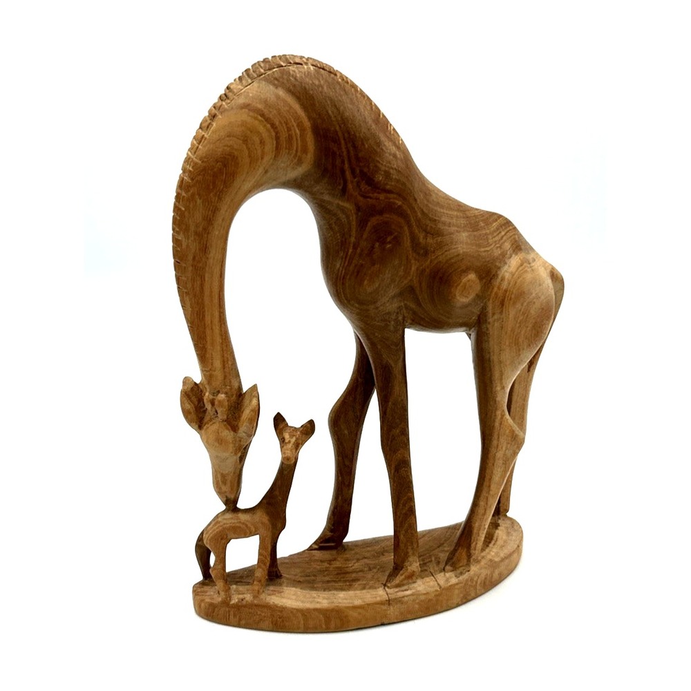 Hand Carved Wood Giraffe Mother & Baby Statue 9" H African Safari Neutral Exotic